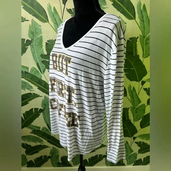 Fifth Sun But First Coffee Striped Graphic Long Sleeve Oversized Top Size M - Picture 3 of 5